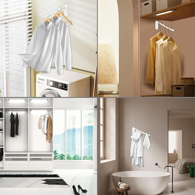 Sumnacon 2 PCS Stainless Steel Clothes Hanger Rack - Wall Mount Clothing Rack with Swing Arm, Sturdy Clothes Hanger Racks for Laundry Room Bedrooms Clothing Drying Hanger with 5 Hooks, White