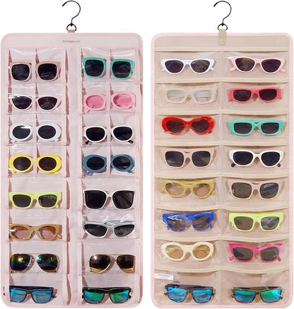 BAGSMART Hanging Jewelry Organizer, Dust Proof Sunglasses Storage Case Wall Mounted, Travel Dual Sided Glasses Case Multiple Pairs, Eyeglasses Holder with 32 Clear Slots & Metal Hook, Pink