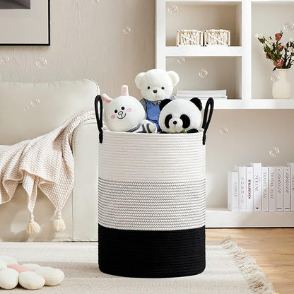 VIPOSCO Large Laundry Hamper, Tall Woven Rope Storage Basket for Blanket, Toys, Dirty Clothes in Living Room, Bathroom, Bedroom - 100L White & Black