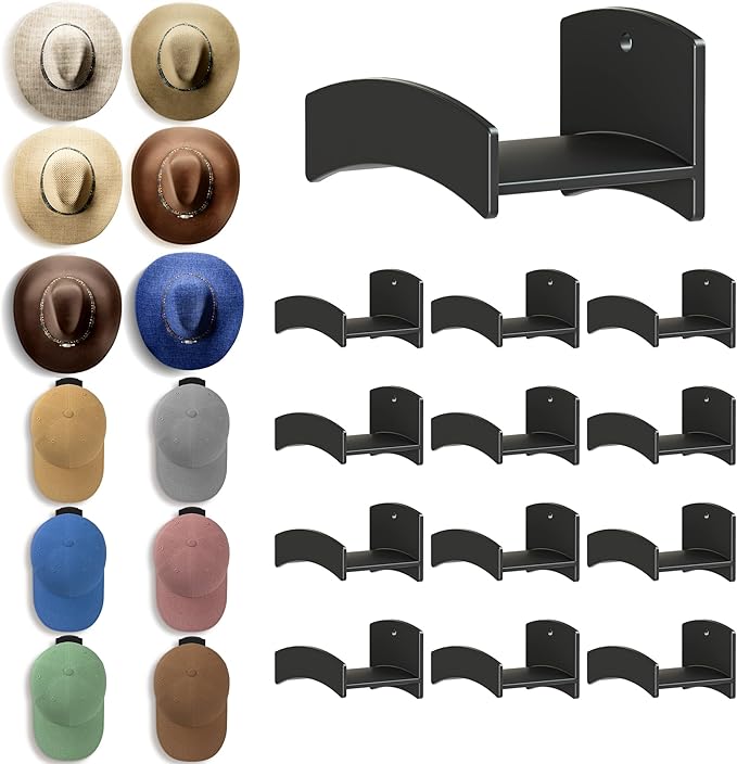 Cowboy Hat Rack(12Pack) - Wide Brimmed Organizer - Strong Adhesive Cowboy Holder - 2.2Inch Hooks for Walls - 2 Mounting Option Holder - Hangers for Doors and Closets - Black