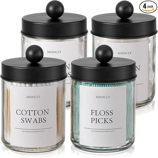 Bathroom Organizers and Storage,4 Pack Bathroom Accessories,Bathroom Decor,Home Decor,Bathroom Storage and Organization,Qtip Holder for Room Decor Aesthetic (Black lids)