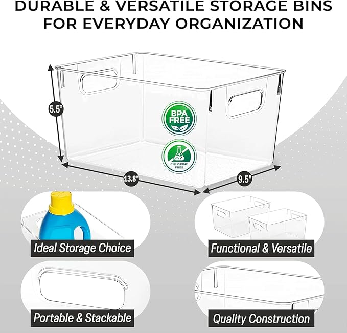 Set Of 4 Plastic Storage Bins,13.6x9.5x5.7''Versatile Kitchen Pantry Organization and Storage,for Plastic Storage Container Under Bed,Under Sink Bathroom Organizer (Clear, 4 Pack Large