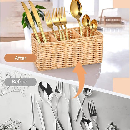 Wicker Flatware Silverware Caddy, Plastic Woven Kitchen Cutlery Organizer Storage Holder Party Condiment Utensil Carrier Basket for Countertop Table Picnic Holds Spoon Knives Fork Napkins