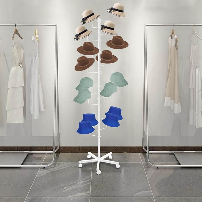 Hat Rack with 16 Circular Hooks, Metal Hat Display Stand, Freestanding Rotating Hat Stand, Adjustable Large Hats Display Rack, Modern Floor Wig Rack for Home Retail Store (White)
