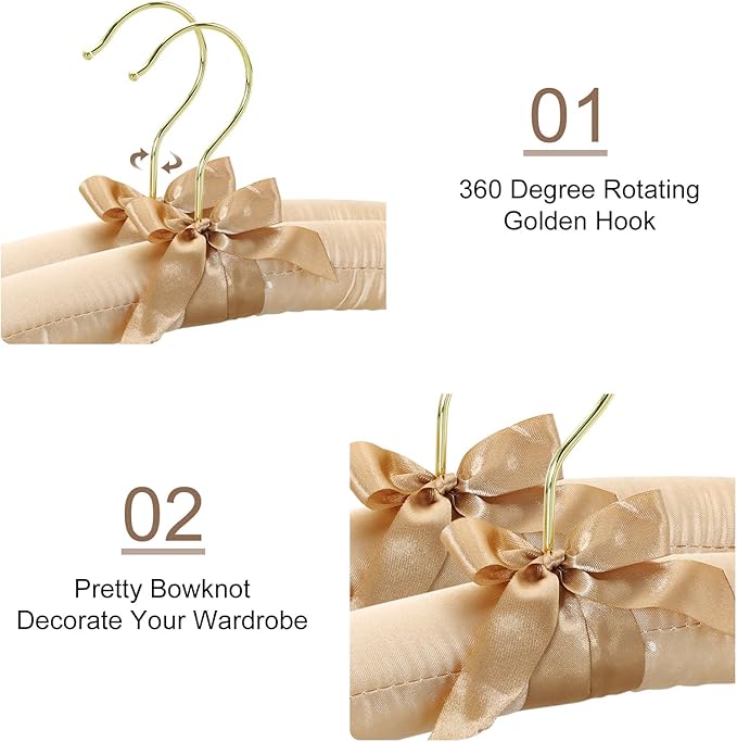 TOPIA HANGER Padded Hangers for Women Clothing, 10-Pack Thick Foam Padded Satin Hangers No Shoulder Bump for Sweaters, Coat, Blouses, Dresses (Champagne Gold), CT18CP10