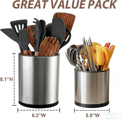 Nigelia Set of 2, Extra Large Kitchen Utensil Holder, 360° Rotating Stainless Steel Cooking Utensil Holder for Countertop, 3 Compartment Flatware Organizer (Silvery)