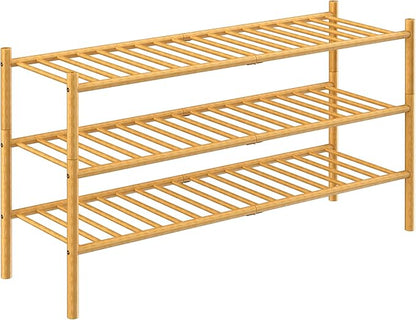 ROMGUAR CRAFT 3-Tier Bamboo Long Shoe Rack, Free Standing Wood Shoe Shelf Storage Organizer for Closet Entryway Stackable 35"x11"x20" (Natural)