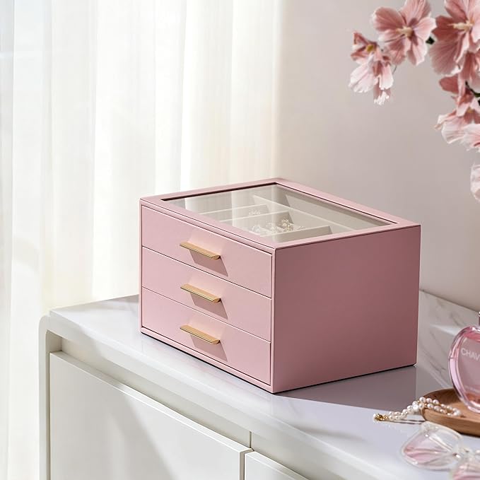 pickpiff Jewelry Box Organizer Case for Women: 3-Layer Jewelry Storage Case with Glass Window, Pink Leather with Velvet Holder for Ring Necklace Bracelet Brooch Watch, Great Gift for Her
