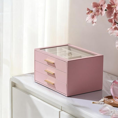 pickpiff Jewelry Box Organizer Case for Women: 3-Layer Jewelry Storage Case with Glass Window, Pink Leather with Velvet Holder for Ring Necklace Bracelet Brooch Watch, Great Gift for Her