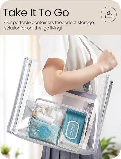 6 Pack Mixed Size White Clear Hard Shell Zipper Case, 2 Extra Large, 2 Large, 2 Small Clear Storage Organizer Bins with Zipper for Board Games, Toys, Cables, Crafts, Travel