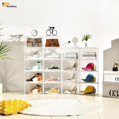Amllas 8 Pack Shoe Boxes Clear Plastic Stackable, Large Shoe Storage Organizer with Lids,Drop Side Shoe Containers for Entryway,Sneaker Storage Fit up to US Size 13 (13’’x 10.6”x 8.3”)