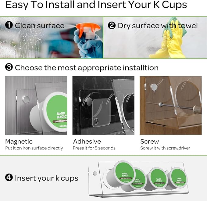 LifeMoreasy K Cup Holders, Acrylic Coffee Pods Organizer Stand Magnetic & Self-Adhesive Wall Mounted K Cup Stand for Kitchen Wall, Cabinet, Fridge (4 Pack for 16 Pods)