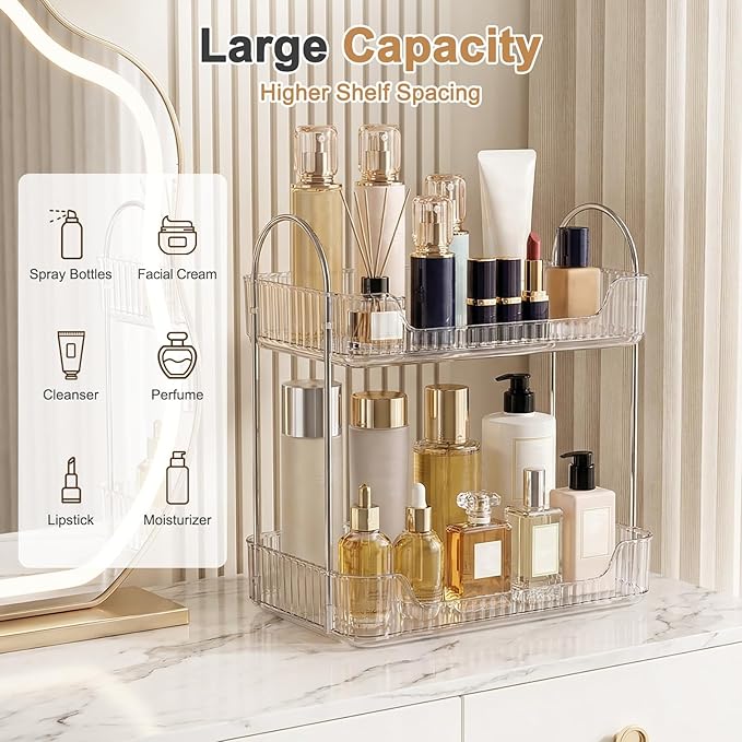 Bathroom Counter Organizer, Makeup Organizer for Vanity, Skincare Organizers Shelf - Tierd Perfume Organizer for Bathroom Dresser Vanity (Clear, 2-Tier)