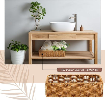 Teenyyou 2 Pcs Toilet Paper Basket for Back of Toilet Wicker Anti-Vine Basket Topper and Vanity Tray Set with Built-in Handles for Paper Hand Towel, Bathroom, Home, Spa(Dark Brown)