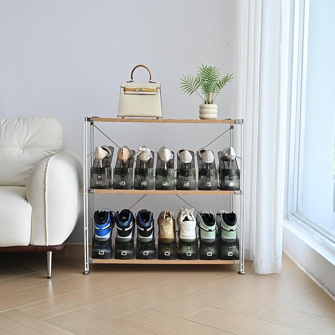 Shoe Slots Organizer, Clear Shoe Stacker, Adjustable Level Shoe Rack,Storage Space Saver for Sneakers Display (Grey Transparent, 12Pack)