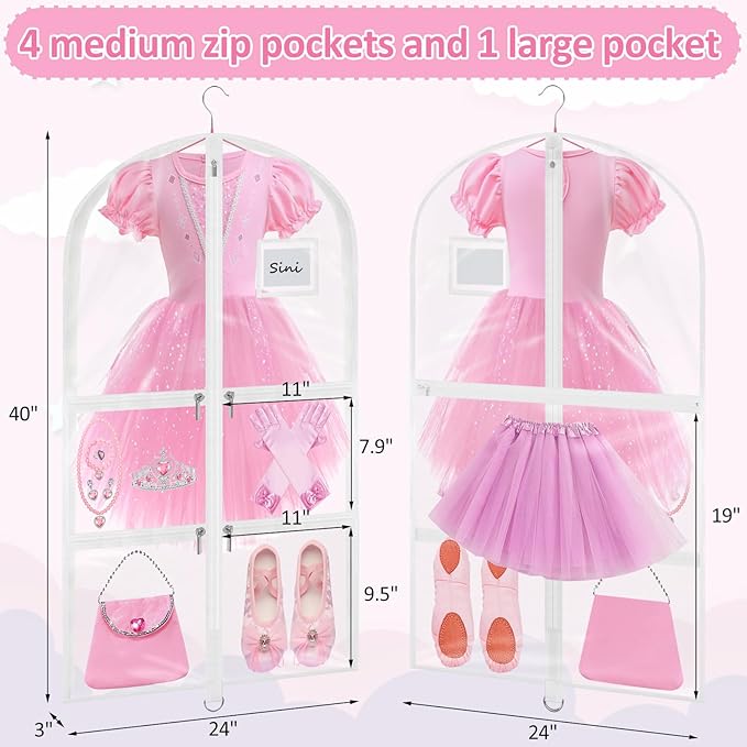 Garment Bags for Dance Costumes - 40 Inch Clear PVC with 5 Zipper Pockets (White) - Kids Dance Garment Bag for Dancers, Hanging Clothes Storage, Competitions & Travel