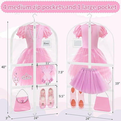 Garment Bags for Dance Costumes - 40 Inch Clear PVC with 5 Zipper Pockets (White) - Kids Dance Garment Bag for Dancers, Hanging Clothes Storage, Competitions & Travel