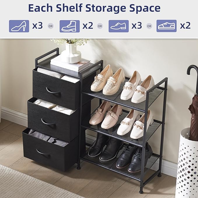 Somdot Shoe Rack, 3 Tier Shoe Organizer with 3 Drawers, Metal Shoe Storage Shelf for 6-9 Pairs of Shoes with Fabric Shelves and Wooden Top, Narrow Shoe Rack for Entryway, Black