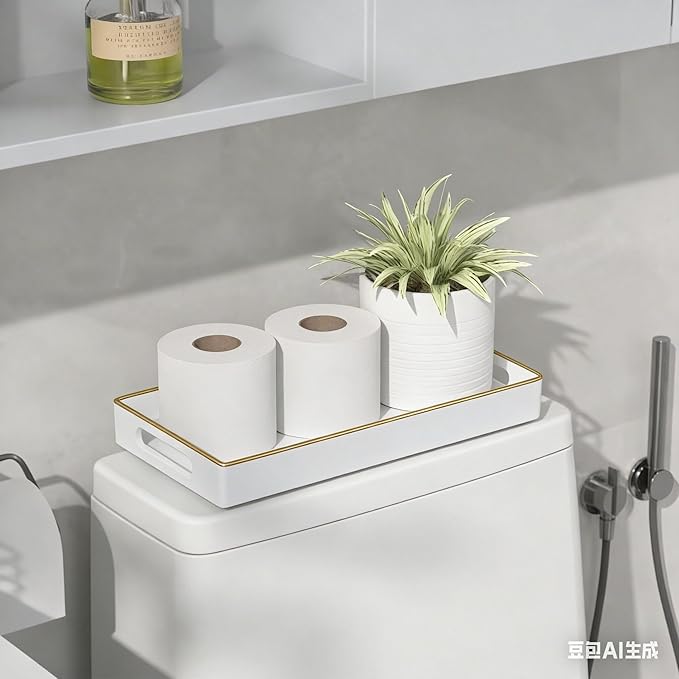 White Bathroom Vanity Tray for Countertop,Small Rectangular Plastic Tray for Toilet Tank,Multi-Purpose Bathroom Organizer for Makeup,Perfumes,Jewelry,Candles & Keys