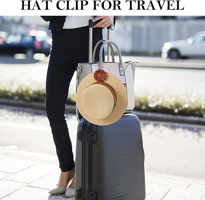 2 Pack Leather Hat Clip for Travel On Bag, Travel Hat Holder for Handbag Backpacks Luggage, Outdoor Travel Accessories Hat Bag Clip (Brown)