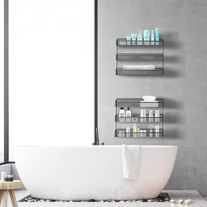 AULEDIO 2 Pack Spice Rack Organizer, 3 Tier Counter-top Stand or Wall Mounted Storage Rack Hanging Shelf for Kitchen Cabinet, Cupboard, Pantry Door Bathroom Shower Cosmetic (Black)