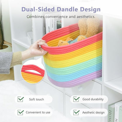 ECDYQXVU Cotton Rope Storage Basket, 15x10x9 Inches, Woven Basket for Shelves, Clothes, Towels, Books, and Laundry, Rainbow (1 Pack)