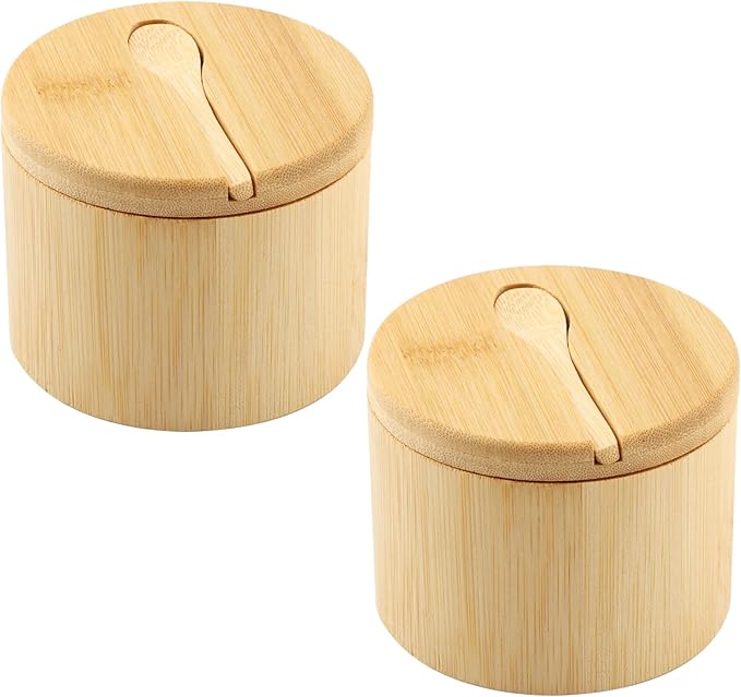 2Pcs Bamboo Salt and Pepper Bowls, Bamboo Salt Cellar Spice Box with Magnetic Swivel Lids and Spoons, Seasoning Containers for Salt, Pepper, Sugar, Spice