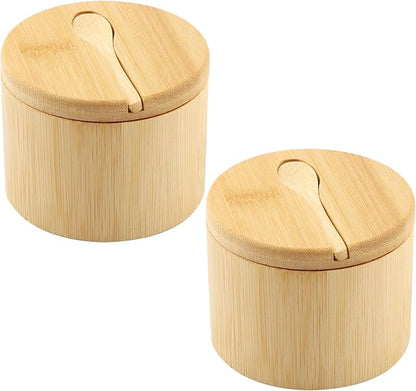 2Pcs Bamboo Salt Cellar with Magnetic Swivel Lid & Spoon, 6 oz Spice Bowl Bamboo Storage Box Salt Container to Storage Pepper, Table Salt, Gourmet Salts, Spice, Sugar(SIZE:6 oz)