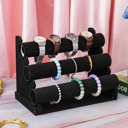3 Tier Bracelet Holder Display, Velvet Watch Organizer Stand for Selling, Detachable Jewelry Racks for Vendors(Black)