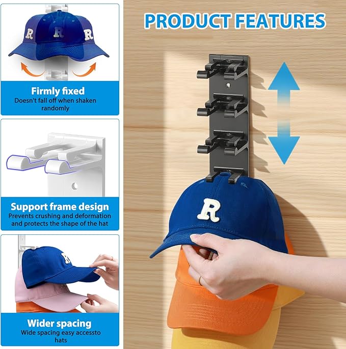 2 Pack Hat Organizer for Baseball Caps, Hat Rack for Wall Hold Up to 16 Hats, Hat Holder with Strong Adhesive and Screws, Hat Organizer Wall Mounted Hat Hanger Display for Door Closet Bedroom(A-Black)