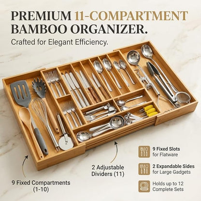 Expandable Kitchen Organizer – Adjustable 33” Wide Utensil Kitchen Drawer with 11 Compartments, Natural Solid Bamboo Construction for Flatware