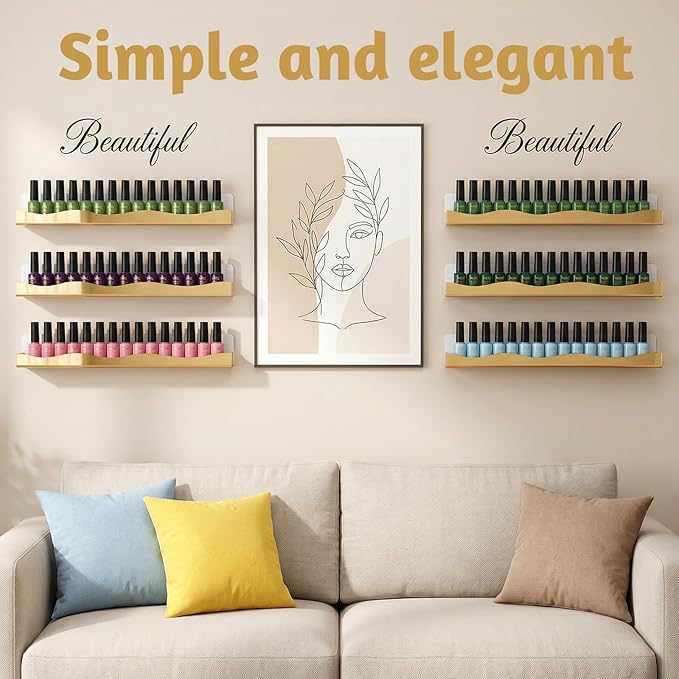 6 Pack Wall Mounted Nail Polish Organizer Rack, 15 Inch Gold Mirror Nail Polish Shelf with Stopper Multi-Purpose Shelf for Essential Oils Cosmetics Storage Display Rack for Salon Bathroom