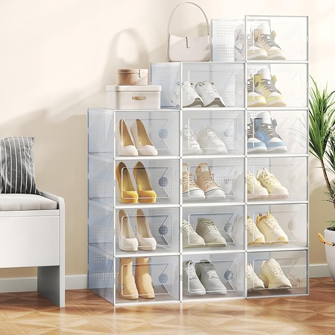NEWBULIG 12 Pack Clear Shoe Storage Boxes, Stackable Sneaker Storage Case with Lids, Shoe Display Containers Organizer for Closet, Under Bed, Entryway, White