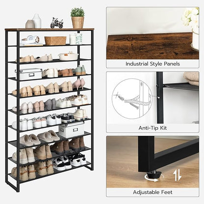 HOOBRO 10-Tier Shoe Rack for Entryway, 39.4" L Shoe Storage Organizer, Large Capacity Shoe Shelf for Closet, Front Door Entrance, Hallway, Holds 45-50 Pairs of Shoes, Rustic Brown BF171XJ01