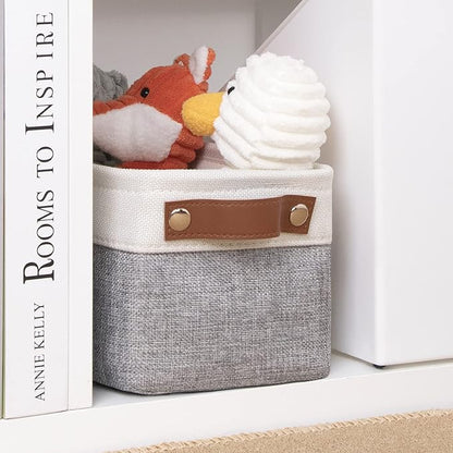 DULLEMELO Fabric Bathroom Storage Bin with Leather Handles, Narrow Organizer for Towels, Toilet Paper Rolls, Storage Basket for Back of Toilet, Vanities, Shelves & Cabinets (White&Gray)