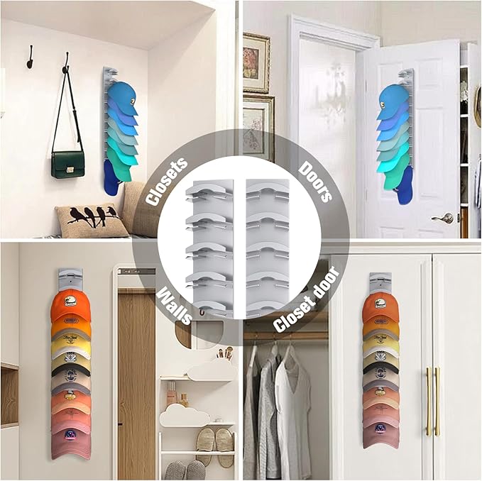 Hat Organizer for Baseball Caps 2Pack, Hat Rack for Wall with Strong Adhesive Hold up to 20 Hats, Hat Hanger Holder Display for Door Closet, Cap Organizer Storage Multilayer Two Mounting Option(Grey)