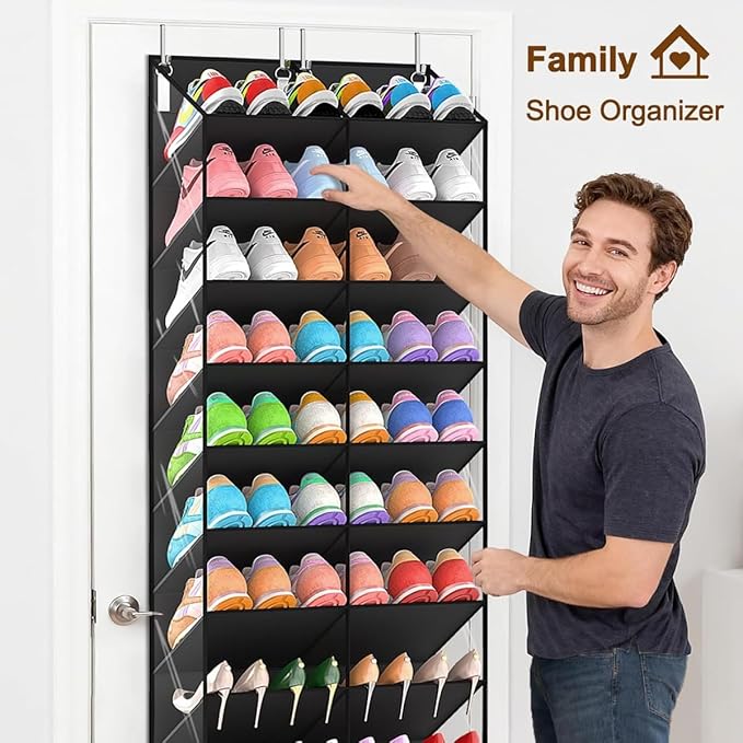 TAKE FIRE Over the Door Shoe Organizer: 10-Tier Clear Pocket Storage for Sneakers, Boots & Heels (20-30 Pairs, Black)