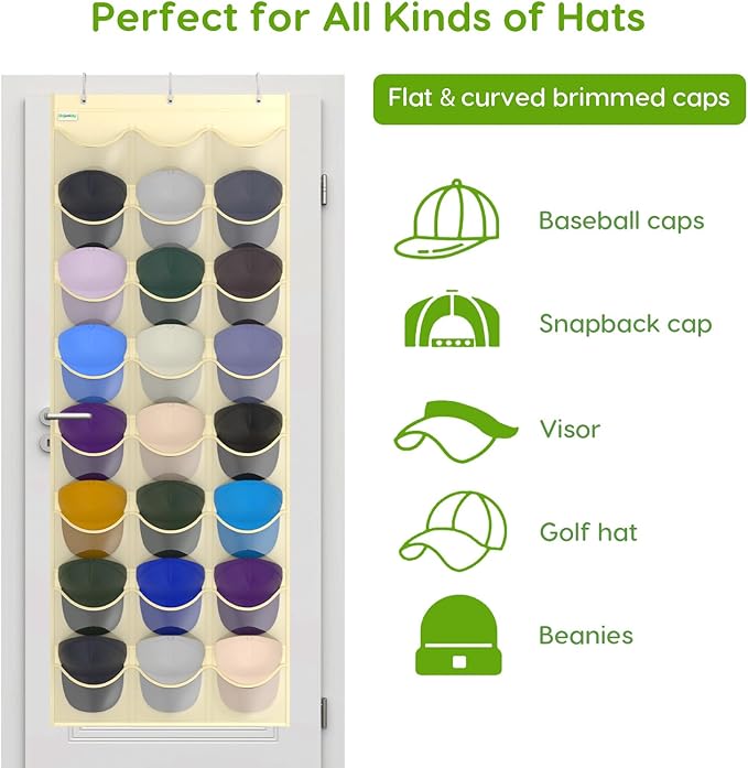 Baseball Hat Rack, 24 Pocket Over-The-Door Hat Organizer with Clear Deep Pockets to Display Baseball Caps Collection, Complete with 3 Over Door Hooks (Beige, 24 Pockets)