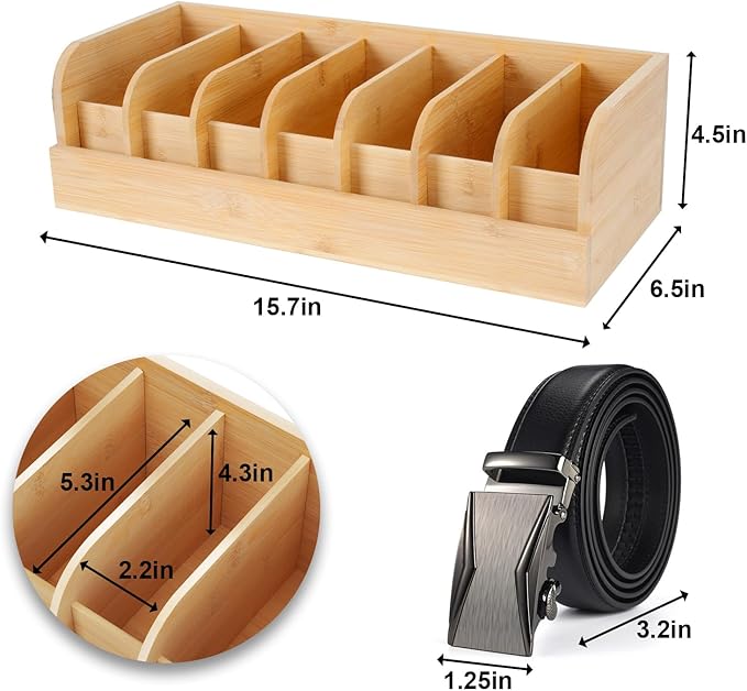 GTI Belt Organizer, 7 Compartments Belt Organizer for Closet and Drawer, Bamboo Display Case for Tie and Belt, Belt Storage Organizer for Men Women (Wooden)