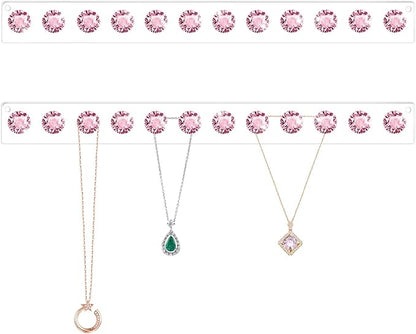 Acrylic Necklaces Holder Wall Mounted Necklace Hangers Hanging Jewelry Organizer with 12 Hooks, Clear Jewelry Hangers for Necklace Organizer for Girls Women, Necklace Hooks for Wall (Pink, 2 Pack)