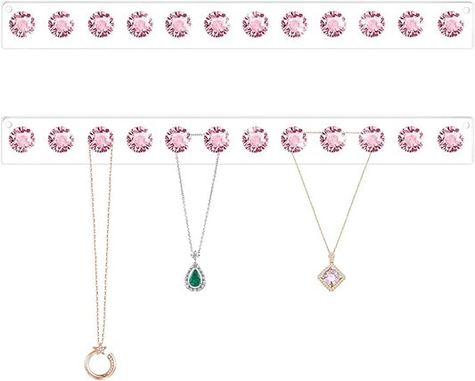 Acrylic Necklaces Holder Wall Mounted Necklace Hangers Hanging Jewelry Organizer with 12 Hooks, Clear Jewelry Hangers for Necklace Organizer for Girls Women, Necklace Hooks for Wall (Pink, 2 Pack)