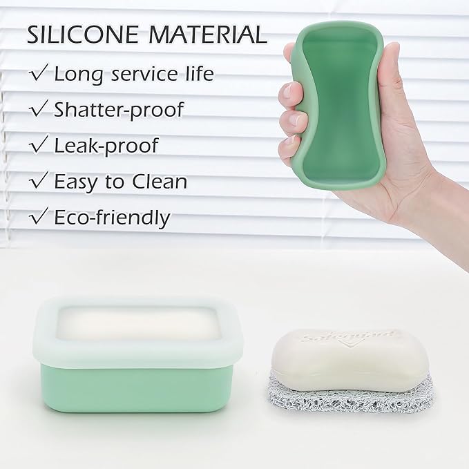 AIDIMMING Leak Proof Silicone Travel Soap Case, Compact Portable Soap Holder with a Translucent lid That Lets You See The soap Inside, Bar Soap Container for Traveling, Camping, Gym (Clear&Green)