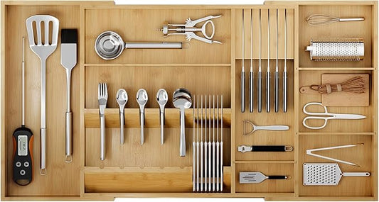 Bamboo Silverware Drawer Organizer, 17.72-29.53 Inch Expandable Large Kitchen Drawer Organizer, 5-8 Slot Flatware with Removable Card Slots & Knife Block for Spoon Butter Knive, Natural