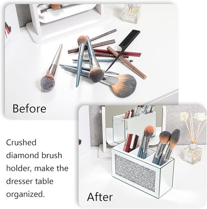 Silver Makeup Brush Holder Organizer, Bling 3 Slot Crushed Diamond Crystal Mirrored Cosmetic Brushes Storage, Eyeliners Eyebrow Pencil Display Case