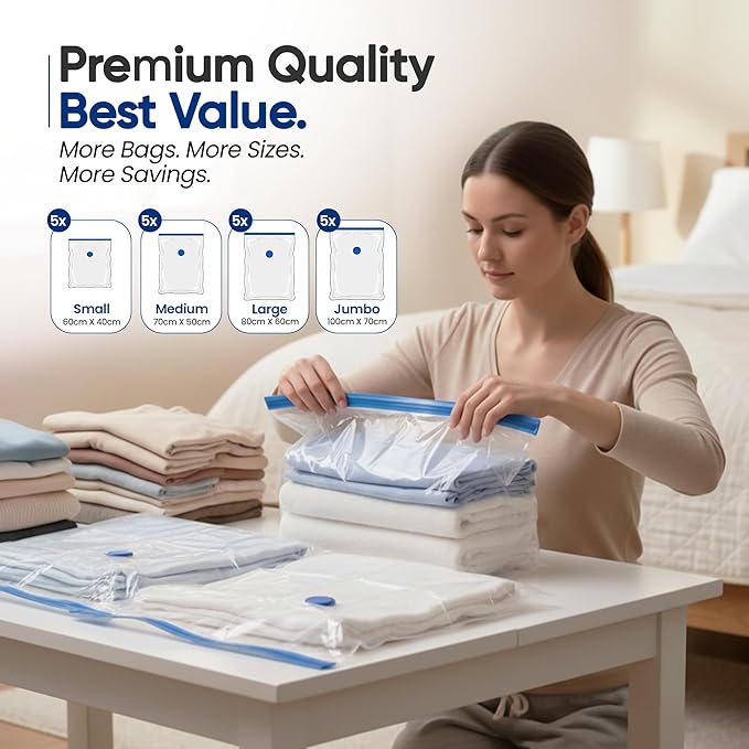 20 Pack Vacuum Storage Bags for Clothing Travel – Compressed Vacuum Seal Bags with Rechargeable Air Pump – Carry-on Size Small, Medium & Large Space Saver Storage Bag for Suitcase and Luggage