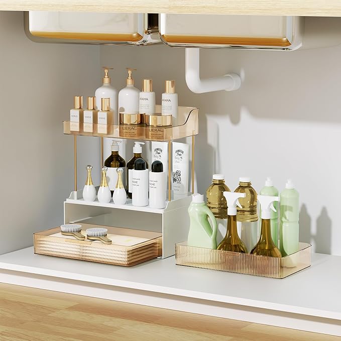 Bathroom Counter Organizer with 2-Drawer, 3 Tier Makeup Organizer Countertop, Multi-Purpose Makeup Skin Care Organizer for Vanity, Amber
