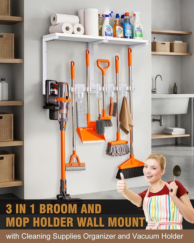 Broom Holder Wall Mount with Top Wooden Shelf, Heavy Duty Metal Cleaning Supplies Broom Hanger with Vacuum Organizer and 5 Slots & 5 Hooks for Laundry Garage Tool Storage Kitchen (Large, White)