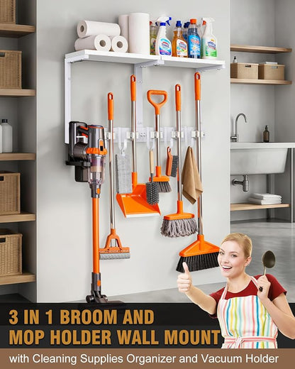 Broom Holder Wall Mount with Top Wooden Shelf, Heavy Duty Metal Cleaning Supplies Broom Hanger with Vacuum Organizer and 5 Slots & 5 Hooks for Laundry Garage Tool Storage Kitchen (Large, White)