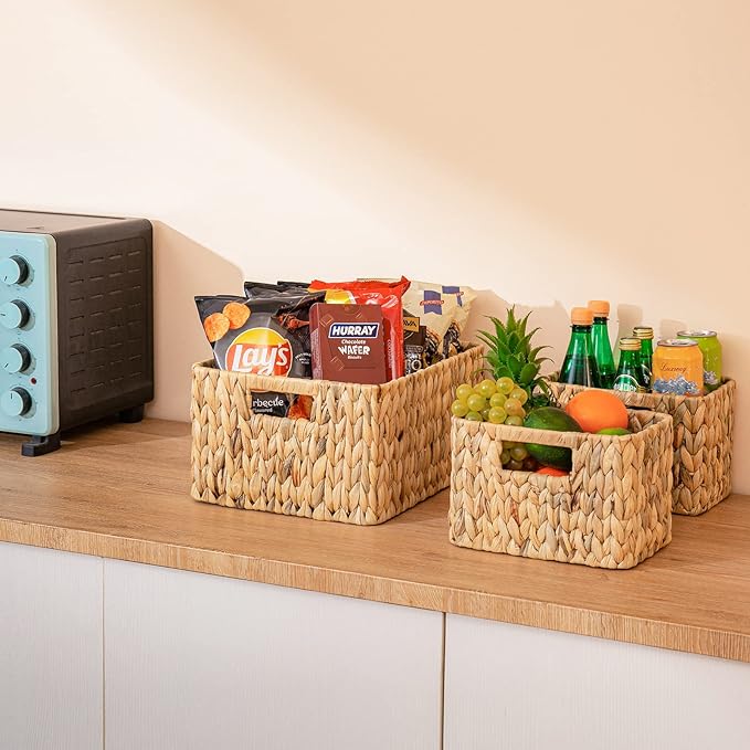 Wicker Storage Basket, 3 Pack Hand-Knitted Wicker Baskets, Water Hyacinth Storage Baskets with Built-in Handles