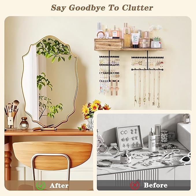 VINAEMO Jewelry Organizer Hanging Wall Mounted Jewelry Holder with Rustic Wood Drawer & Large Capacity Storage Shelf Rack Display for Earrings Rings Necklaces Bracelet
